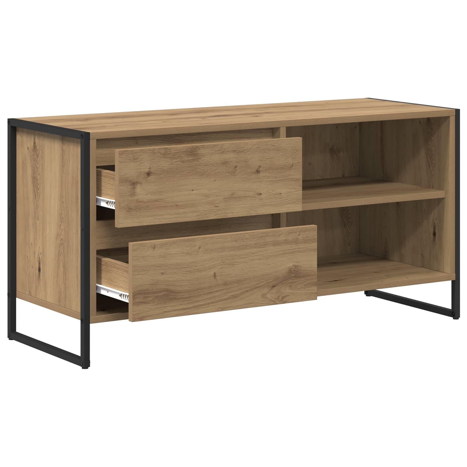39-Inch Industrial TV Stand with Drawer and Steel Legs, Oak | Crafted from engineered wood, this low profile media center offers open and closed storage for living room entertainment.