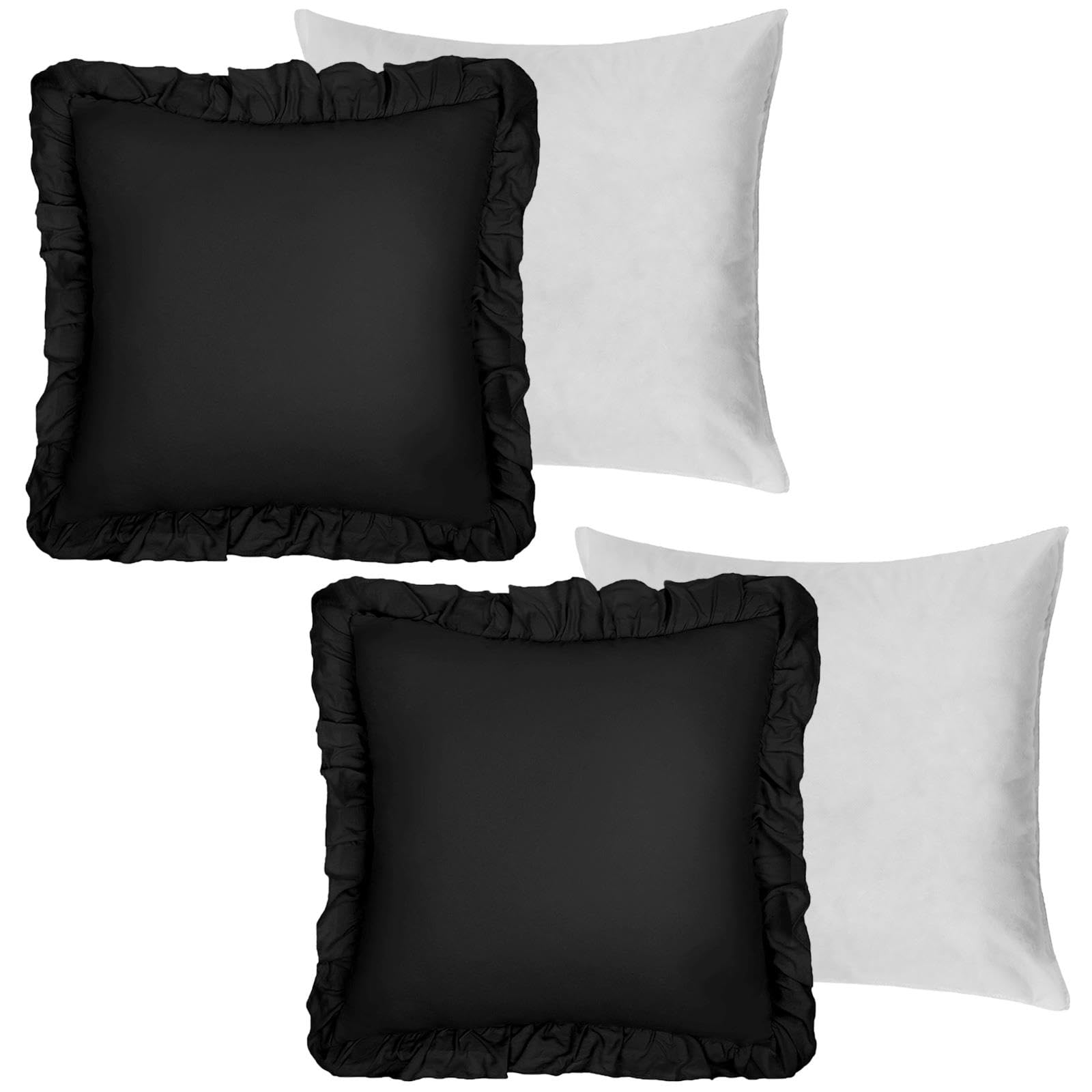 Highams Black Set Of 2 Cushion Covers 45 X 45, Faux Linen Frill Soft Cushion Pads Living Room Bedroom Vintage Decorative Luxury Cushions With Covers Included