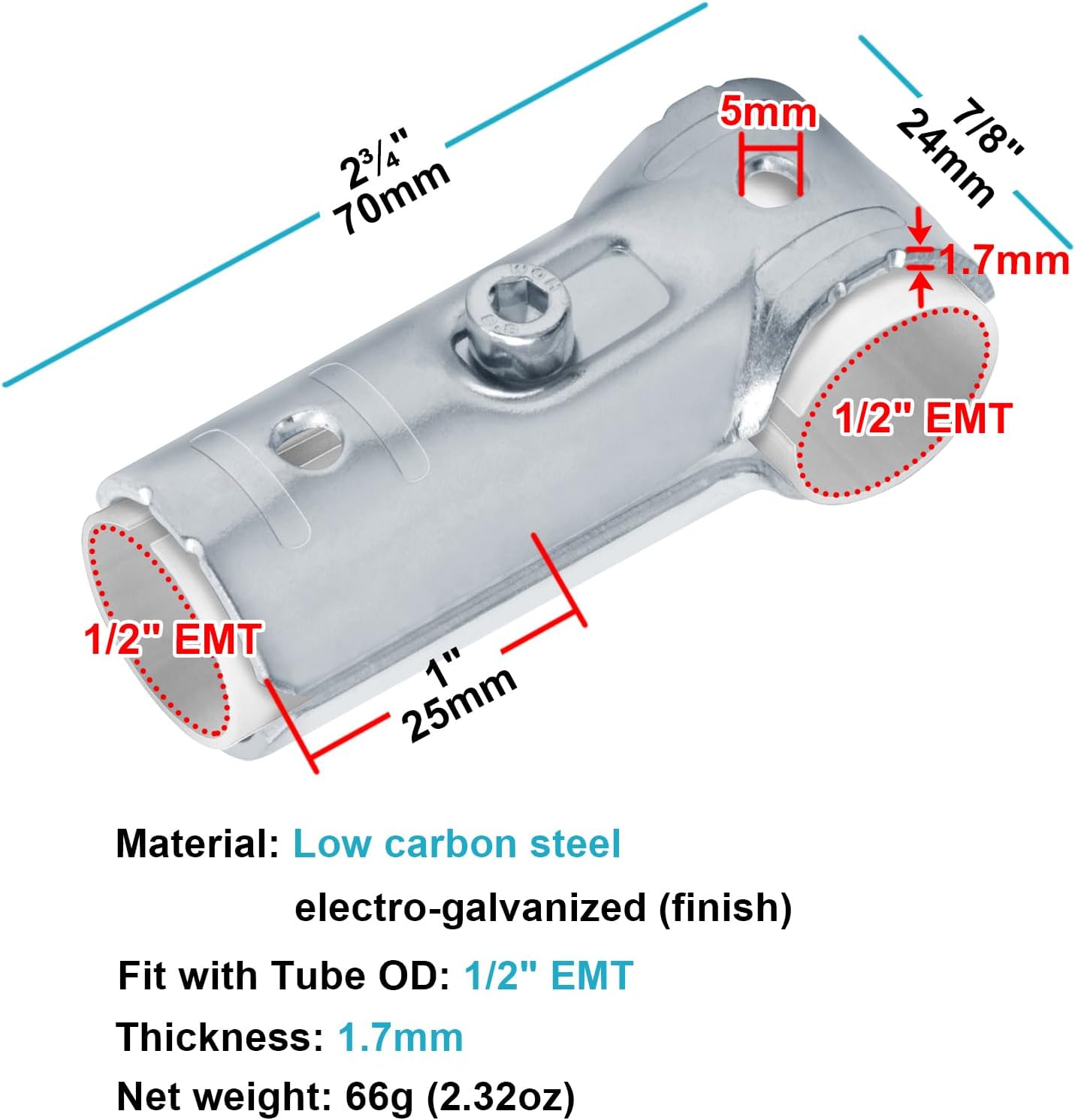20 Sets T Pipe Connector Tee Clamp Fittings, Fits 1/2" EMT Conduit with PE Adapter Shims