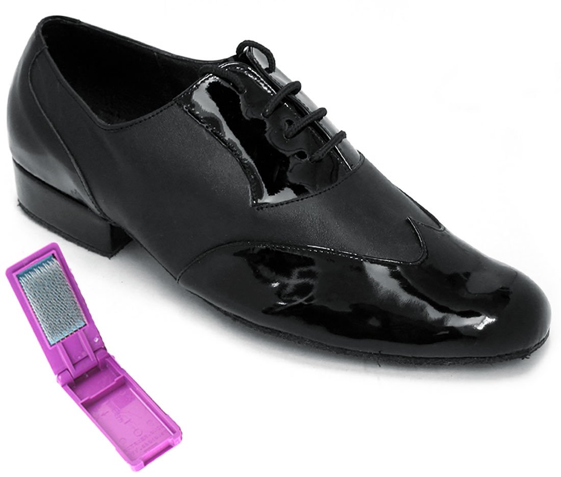 Very Fine Dance Shoes - Mens Standard, Smooth, Waltz Ballroom Dance Shoes - M100101-1-inch Heel and Foldable Brush Bundle - Black Patent - Black Leather - 8.5