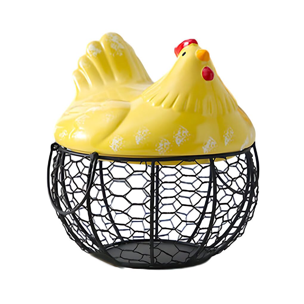 dijiusidy Chicken Shape Egg Basket, Iron Craft Egg Collecting Baskets with Ceramic Cover, Holds 15 Eggs, Kitchen Storage Basket with Double Handle for Eggs, Vegetables, Fruits (yellow)