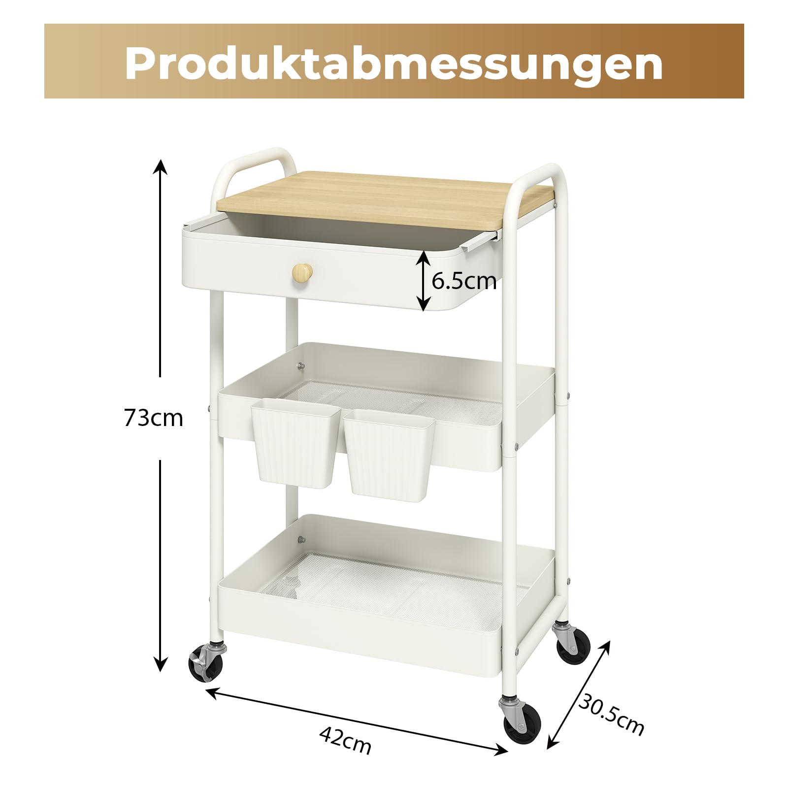 danpinera Carro con ruedas de 3 niveles de metal con cajones y tablero de madera, carrito de servir, carrito de manualidades, carrito de cocina con ruedas para cocina, salón, baño, ganchos y tazas
