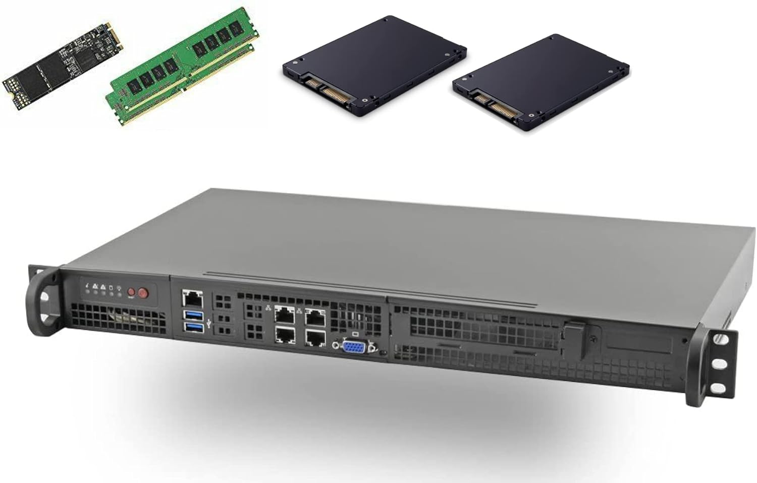 Supermicro 5019D-FTN4 AMD Epyc 3251 8-Core Embedded 1U Front I/O Rackmount w/Quad GbE LAN, IPMI Server SYS-5019D-FTN4 w/Optional Free RAID Configuration (64GB RAM, 512GB M.2, 3.84TB SSD x2)