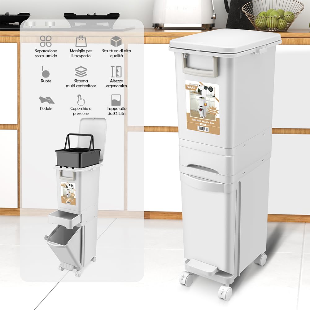 BAKAJI Pattumiera Alta e stretta da Cucina 32 Litri con Cestino Rimovibile per Spazzatura e Raccolta Differenziata, Design Salvaspazio, 1 Bidone a Ribalta + 1 Cassetto, 26 x 36 x 84H cm (32 Litri)
