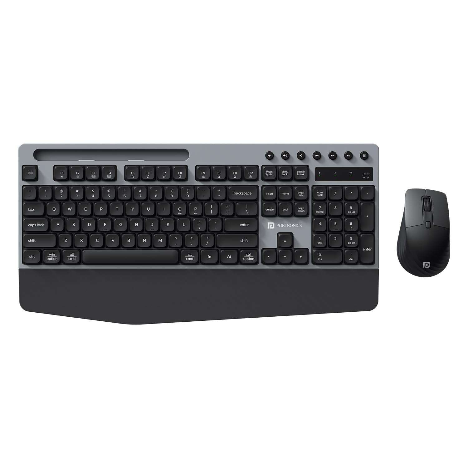 Portronics Key10 Combo Wireless Keyboard and Mouse Set with Wrist Rest, Multimedia Hotkeys, USB Receiver, Adjustable DPI, Long Key Life & Click Life for PC & Laptop (Grey)