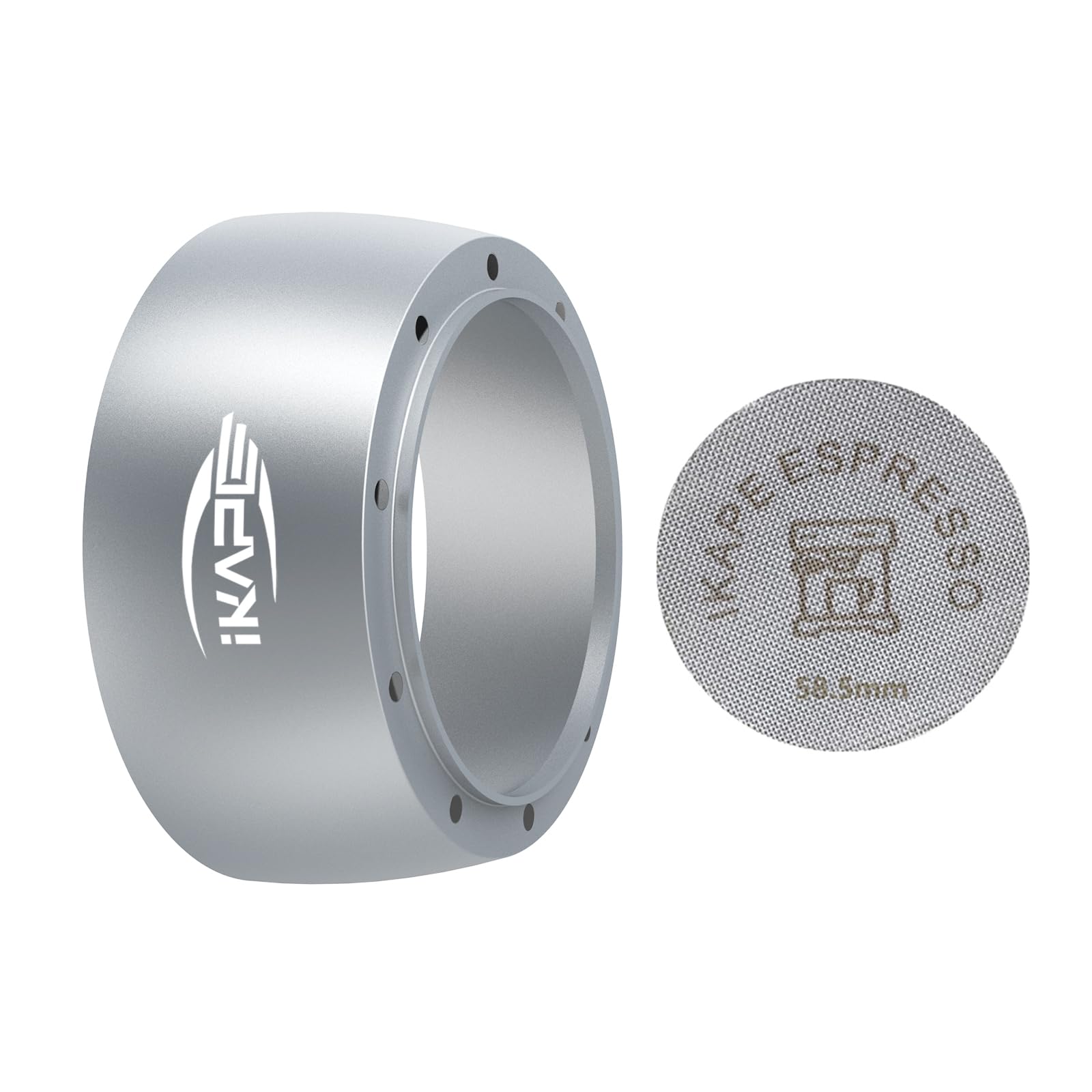 IKAPE Magnetic Dosing Funnel Set, 58MM Espresso Dosing Ring & Puck Screen Kit Compatible with 58MM Bottomless Portafilter - with 10 Small Magnet (Silver)