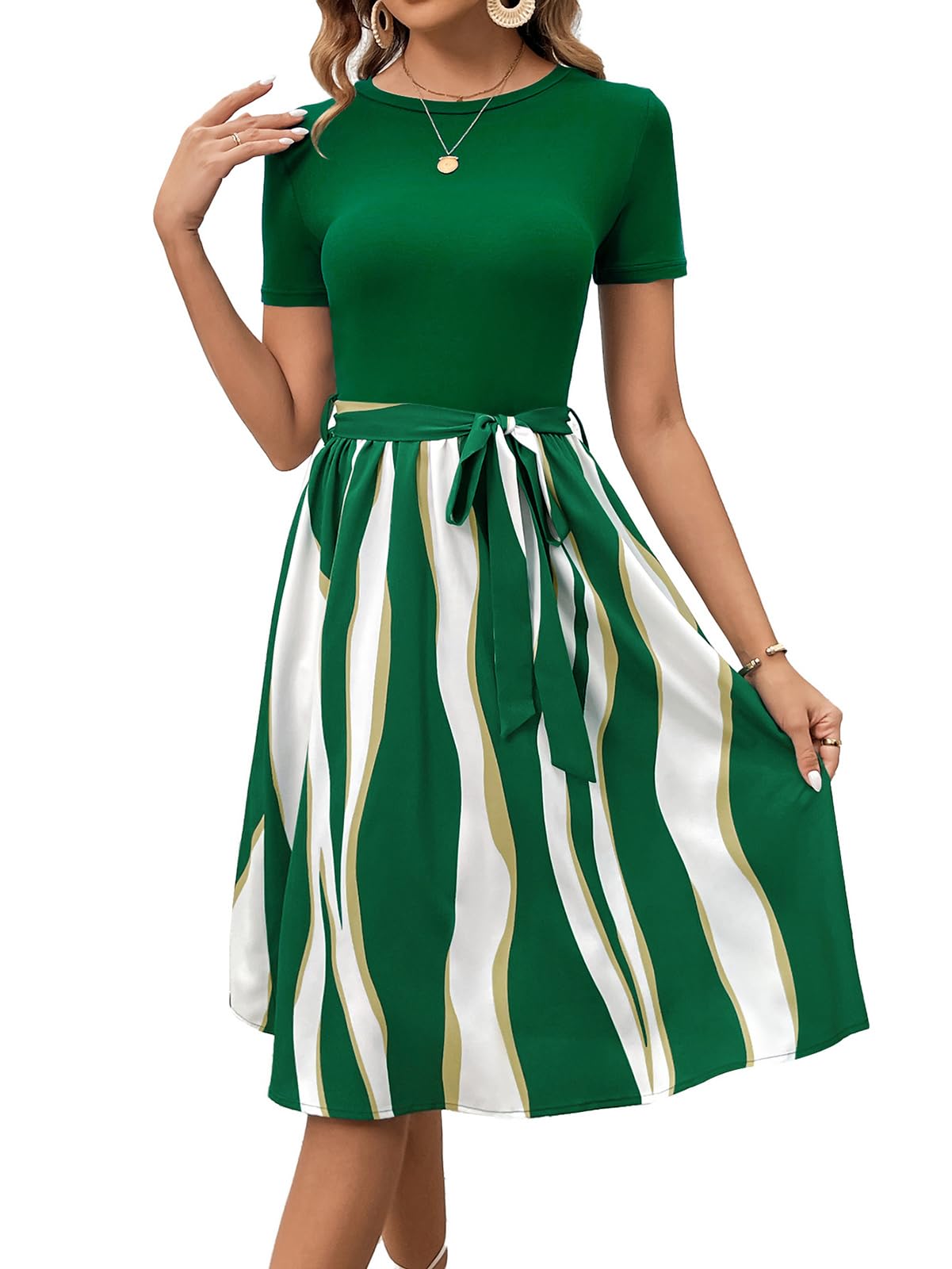 Womens Elegant Vintage Round Neck Short Sleeve Summer Casual Work Party A-Line Dress with Belt 809