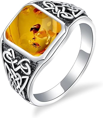 Mens Celtic Knot Ring, Sterling Silver Cushion Cut with Natural Gemstone Black Onyx, Turquoise, Amber, Tiger Eye, Lapis Lazuli - Irish Trinity Band Vintage Spiritual Jewelry for Men