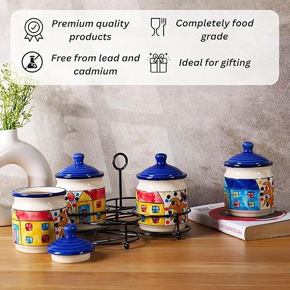 Image of Niyara Handcrafted Ceramic Pickle Jar Set, Premium Metal Tray, Spoons & Lids - Multipurpose Storage for Pickles, Chutneys, Spices & Condiments (Set of 4, 300ML /Each) (blue Home Design)