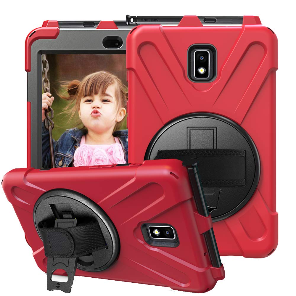 CCMAO Galaxy Tab Active 2 8.0 Case, SM-T390/T395 Case, [Hand Strap] 360 Degree Rotating Kickstand Full-Body Impact Protective Case for Samsung Galaxy Tab Active 2 8.0 SM-T390/T395 (red)