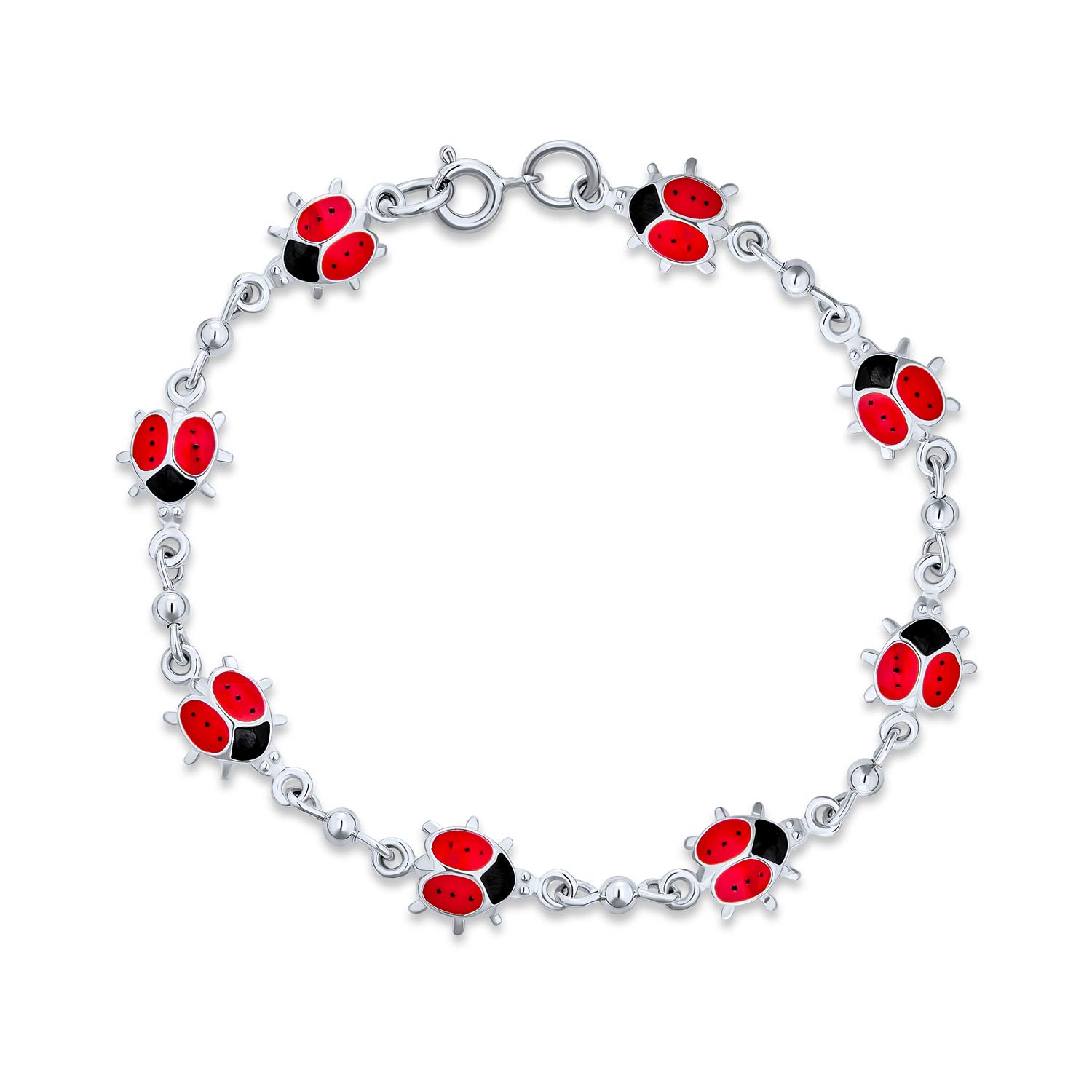 Pulsera de Encantos de Estación Múltiple de Buena Suerte Jardín Afortunado con Mariquitas Rojas de Esmalte para Mujeres Adolescentes .925 Plata de Ley 7,7.5 Pulgadas