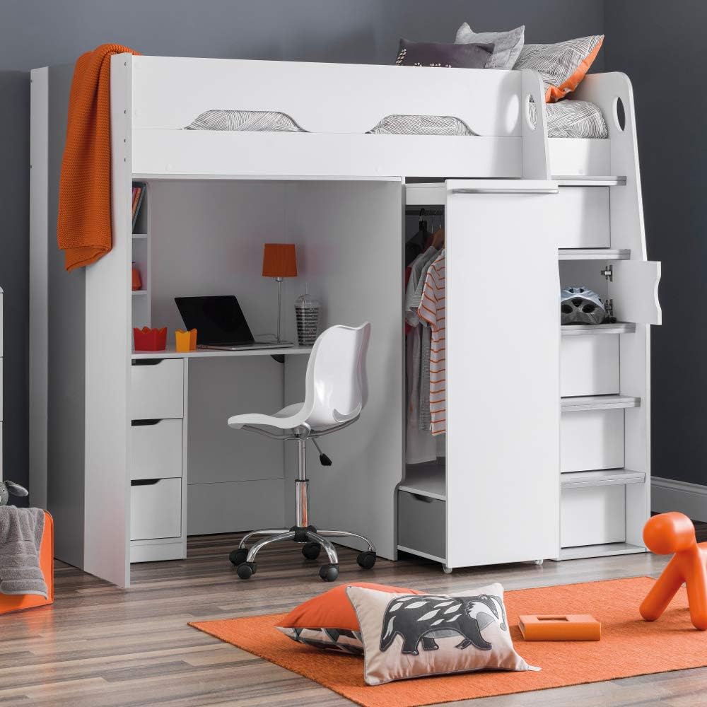 High Sleeper Storage Bed, Happy Beds Pegasus Wood Modern Desk Wardrobe ...