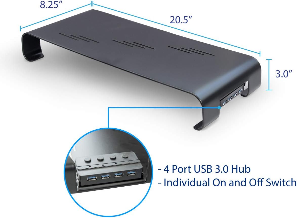Syba Monitor Stand Riser for Computer, Laptop, Printer, Notebook and All Flat Screen Display with 19" platform and 3" height With USB 3.0 Hub, Black