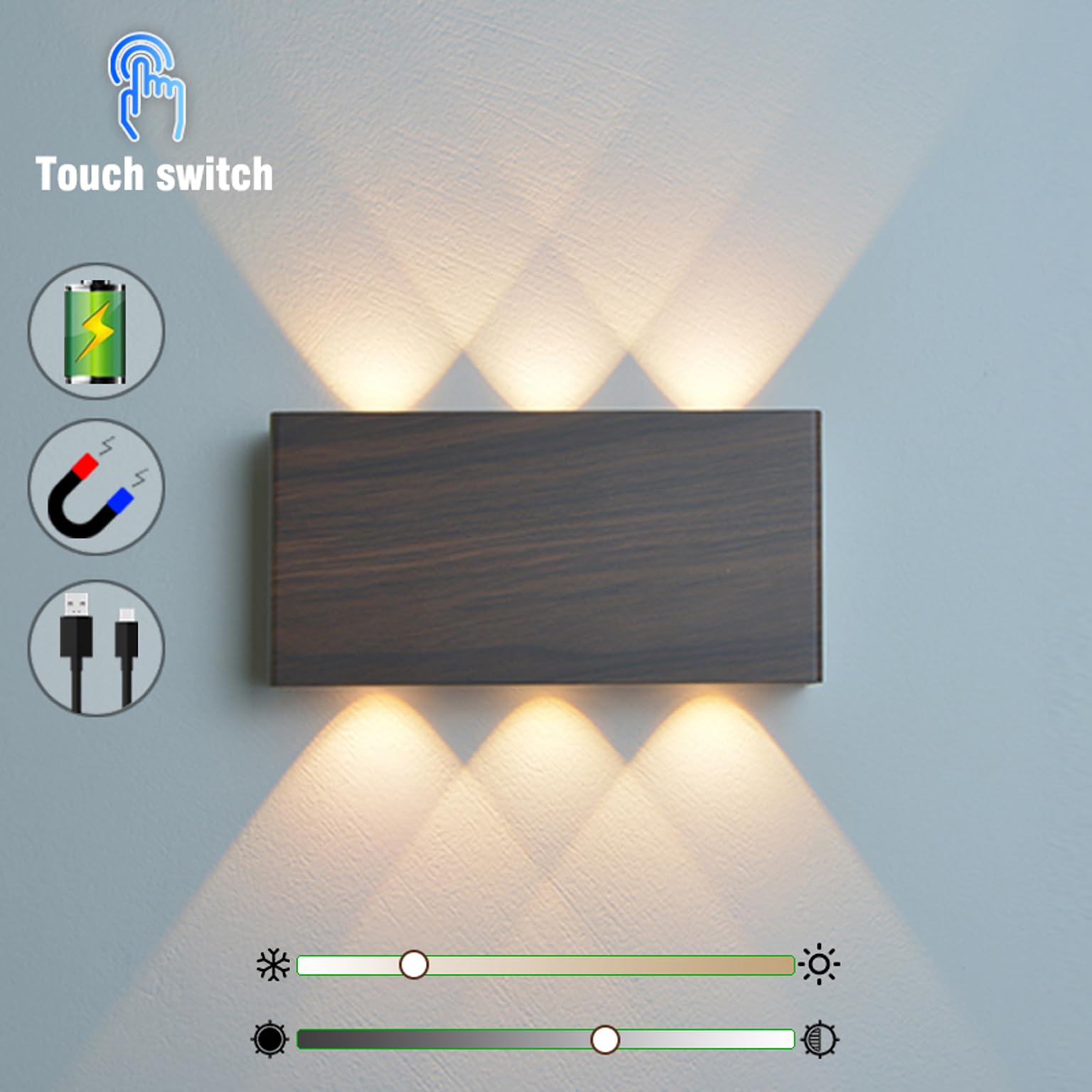 Akku Wandlampe, mit Touch Control Schalter LED Magnetisch Akku Wandleuchte 5200mAh Kabellose Wandlampe 3 Modi Helligkeitsstufen, ideal für Loft Flur Schlafzimmer (2pcs Schwarz)