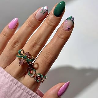 Green Press on Nails Almond Short Bow Flowers Design Fake Nails Press ons Pink French Nails Tips Artificial Acrylic Kit Full Cover False Nails Glossy Stick on Nails for Women 24Pcs