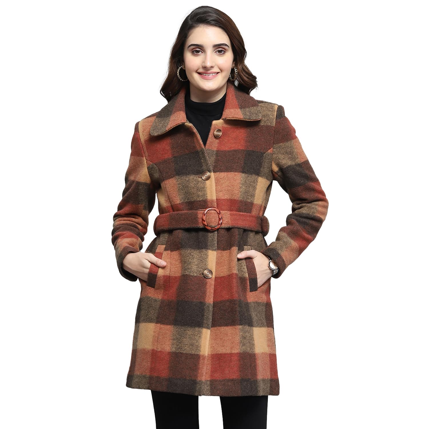 monte carlo Womens Wool Blend Hip Length Check Rust Collar Full Sleeve Coat-picture-52