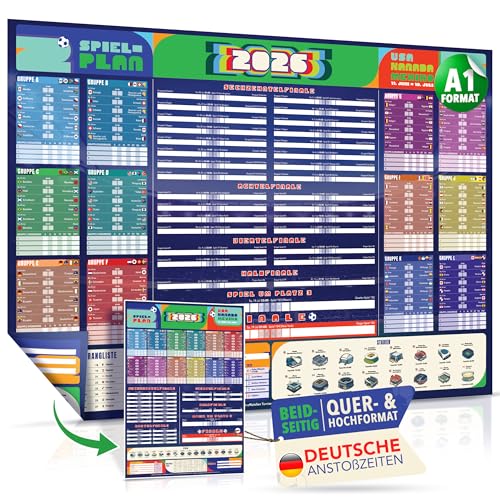 Premium WM Spielplan 2026 Poster - XL A1 WM Planer 2026 - 2-in-1 Doppelseitig: Für Wand oder Tür Alle 104 Spiele Deutsche Anstoßzeiten Stadien Weltranglisten und Mehr (84 x 60 cm gefaltet)