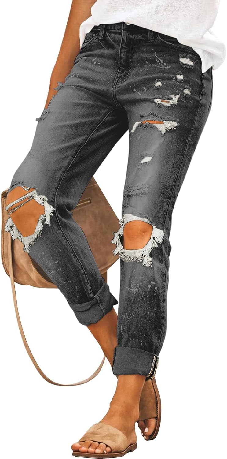 PerZeal Women's Jeans Comfy Stretchy Ripped Skinny Mid Waist Destroyed Denim Pants (Pack of 2) Grey&Dark Blue Large - Image 3
