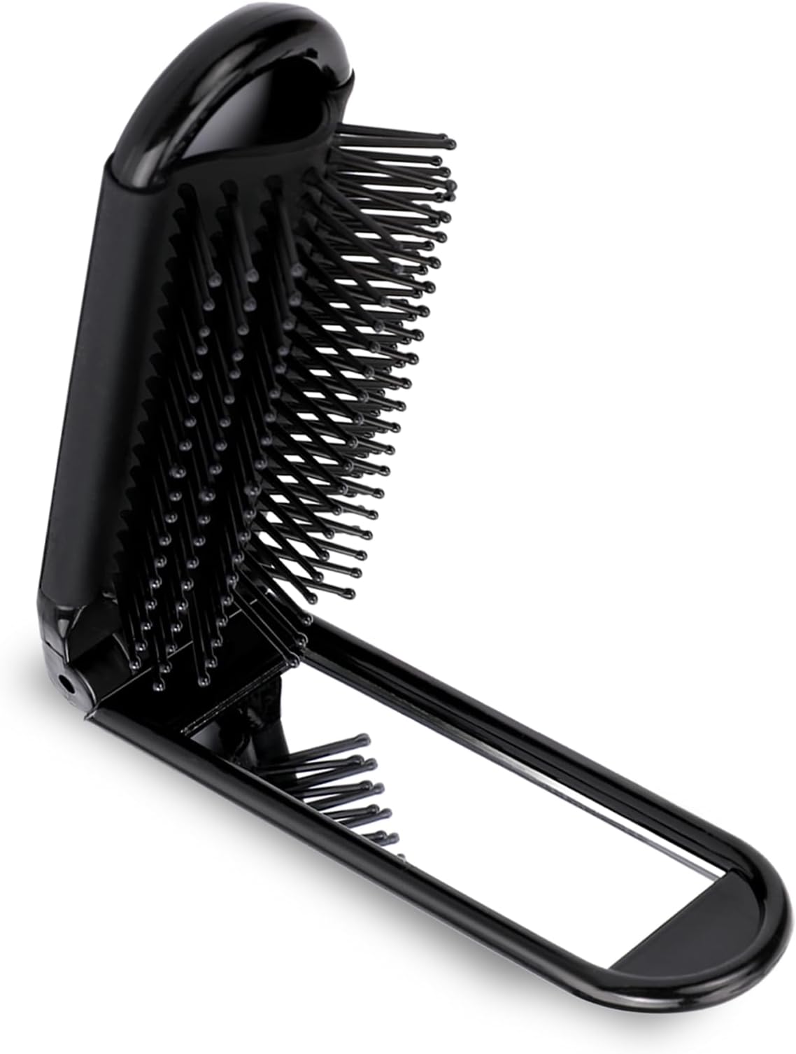 Mini Travel Hair Brush, Small Foldable Hairbrush Compact Hair Brush with Mirror and Round Tip Nylon Bristles for Women and Men, Portable Pocket Size Comb for Car Gym Bag Purse Locker (Black)