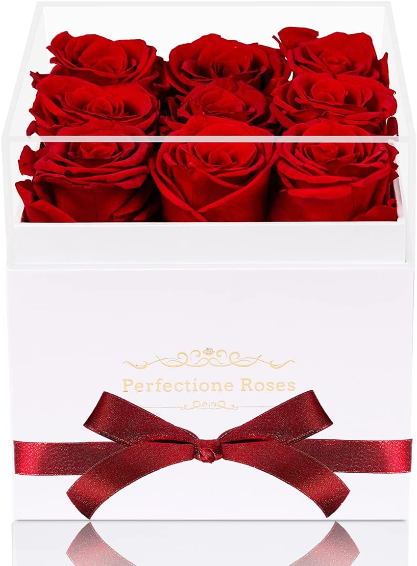 Perfectione Roses Preserved Flowers in a Box, Champagne Real Roses Long-Lasting Rose Valentines Day Gifts for Her, Mothers Day Roses Anniversary Christmas Day (Red)