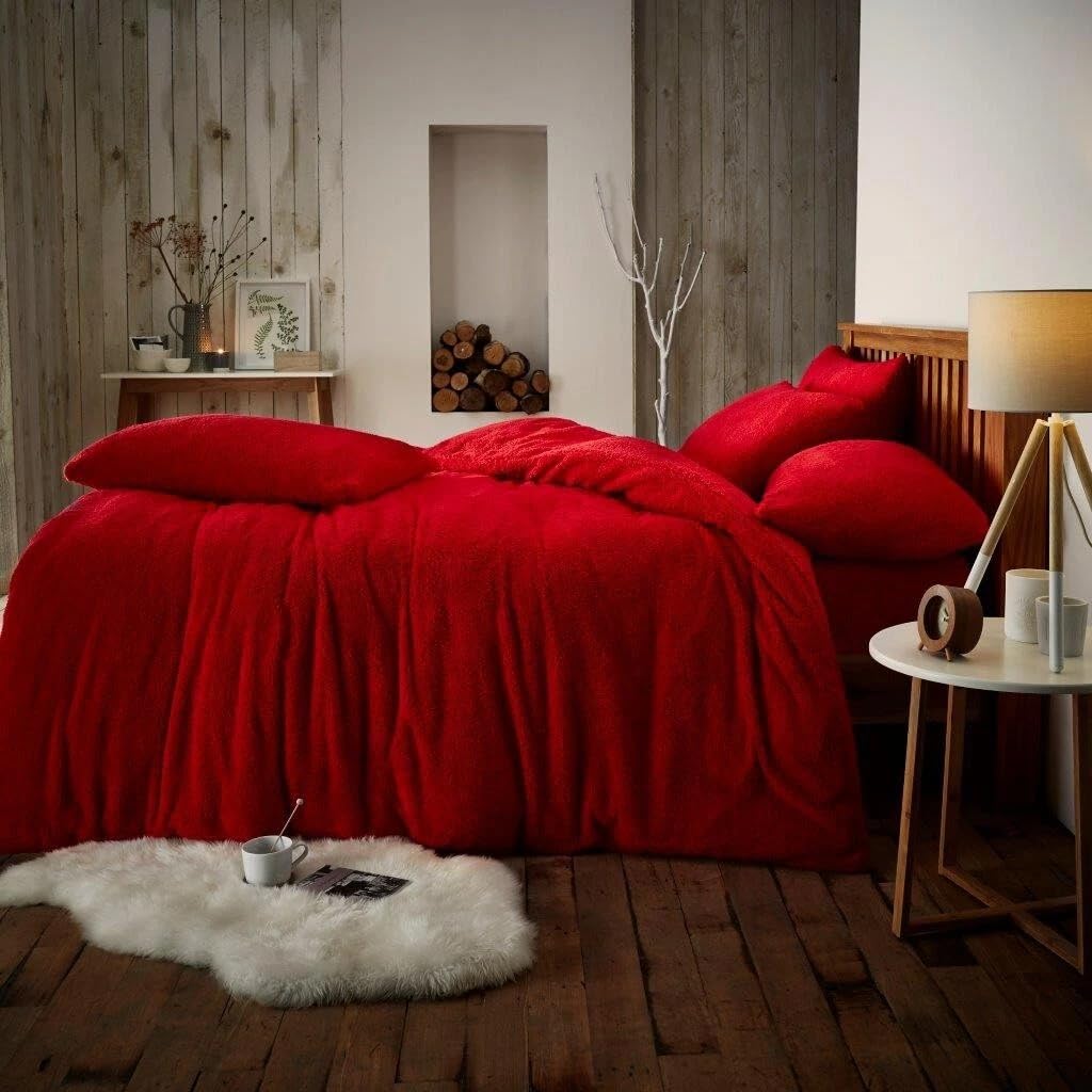 NIMORA Solid Teddy Fleece Duvet Cover Set – Ultra Soft Bedding Quilt Cover with Pillowcases (Red, Single Duvet Set)