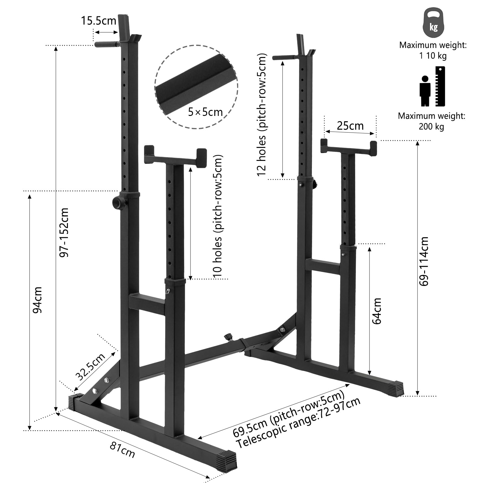 Soporte Sentadillas Rack Ajustable,Sentadillas Soporte Barra Pesas Musculación,Gym En Casa Soporte Discos Pesas,Squat Rack Max 250 Kg