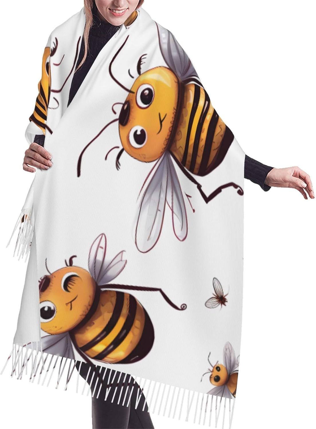 (Funny Bees) Women's Soft Warm Scarf Large Plush Shawl Wrap with Fringe Fashion Winter Scarves for Cold Weather