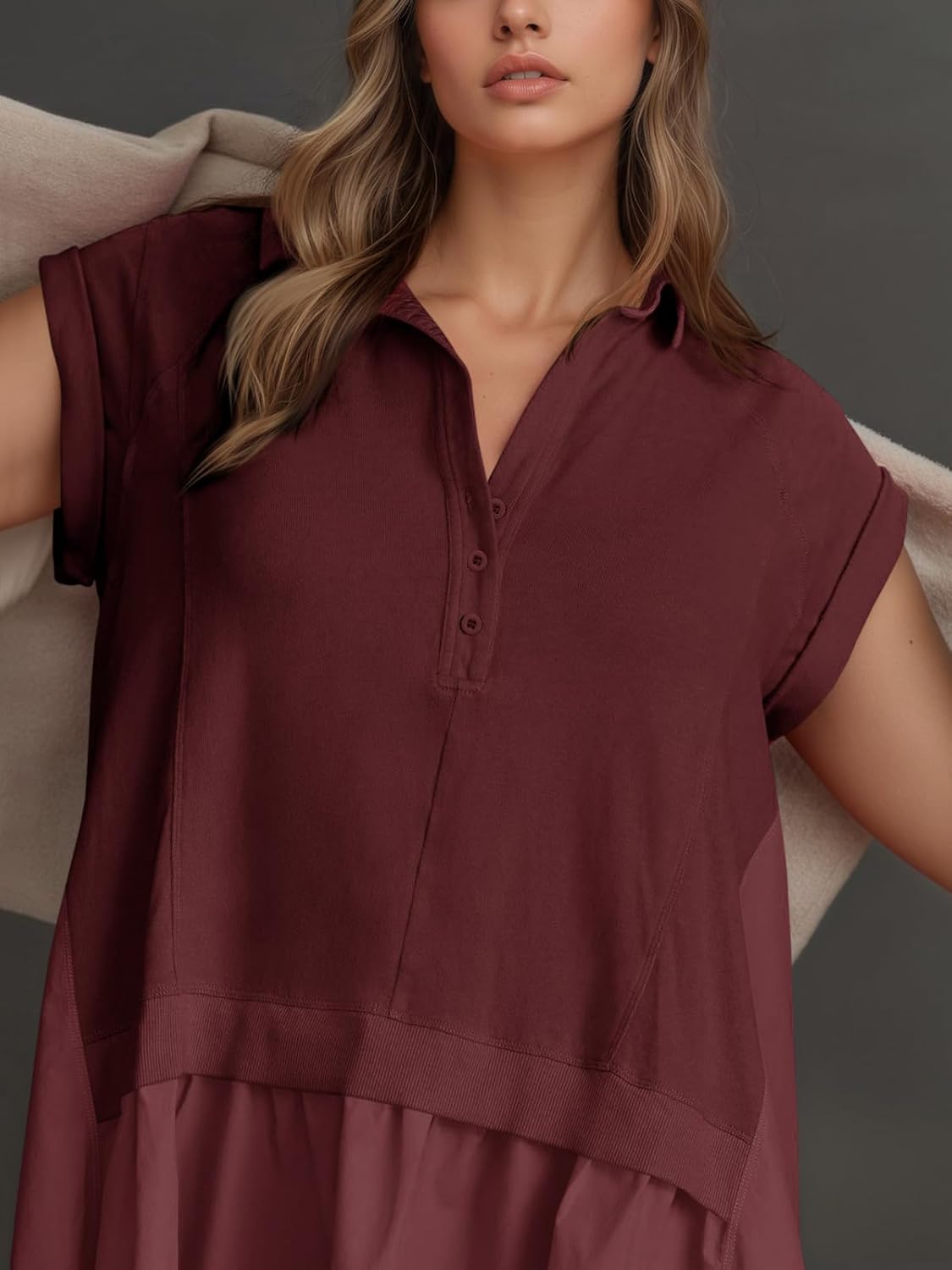 Fisoew Womens Summer Sweatshirt Dresses Short Sleeve V Neck Casual Oversized Patchwork Mini Dress - Image 4