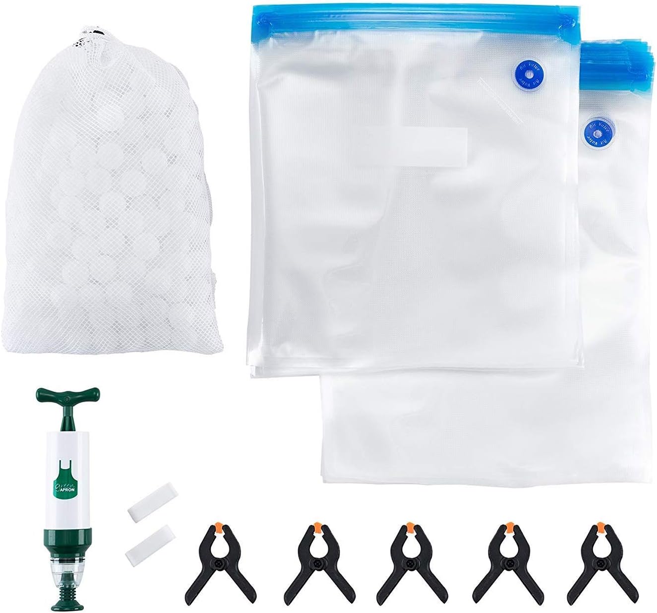 Sous Vide Bags Kit for Anova, Joule and all Popular Brands - 20 Reusable BPA FREE Sous Vide Bags, 1 Hand Pump, 5 Sous Vide Clips, 2 Bag Sealing Clips, 250 Cooking Water Balls With Mesh Drying Bag