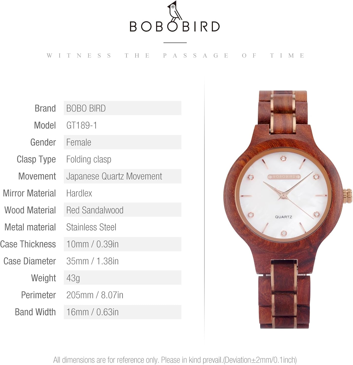 BOBO BIRD Women's Wooden Watches | Analog Watch | 35mm Case | Hardlex Crystal | Folding Clasp with Mother-of-Pearl Dial for Ladies