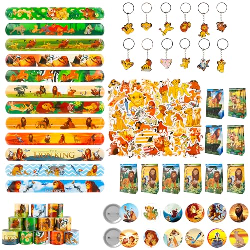86pcs Lion Party Mitgebsel, 50pcs Aufkleber, 12pcs Armband, 12 Schlüsselanhänger 12 Abzeichen, Mitgebsel Kindergeburtstag (Löwe)
