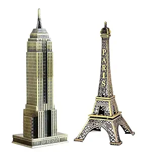 Lilone Metal Showpiee Combo for Home Decor, Eiffel Tower and Empire Estate (Set of 2, Approx Size 15cm) (ET_ES)
