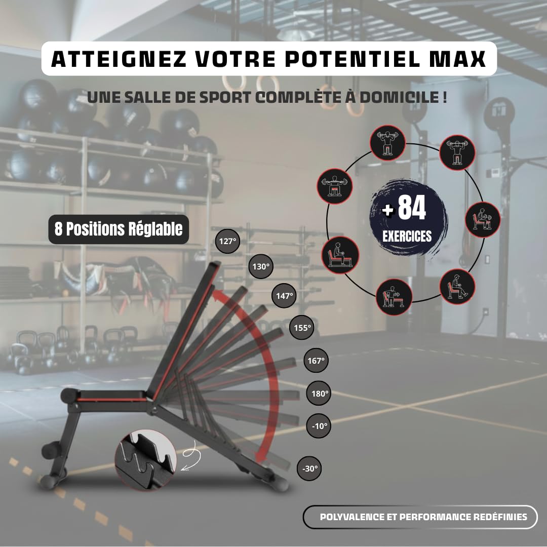 Banc de Musculation Pliable - Réglages Multiples 8 Positions - Développé Couché Inclinable Déclinable - Appareil Maison Compact - Chaise avec Dossier Confort – Support 300 kg