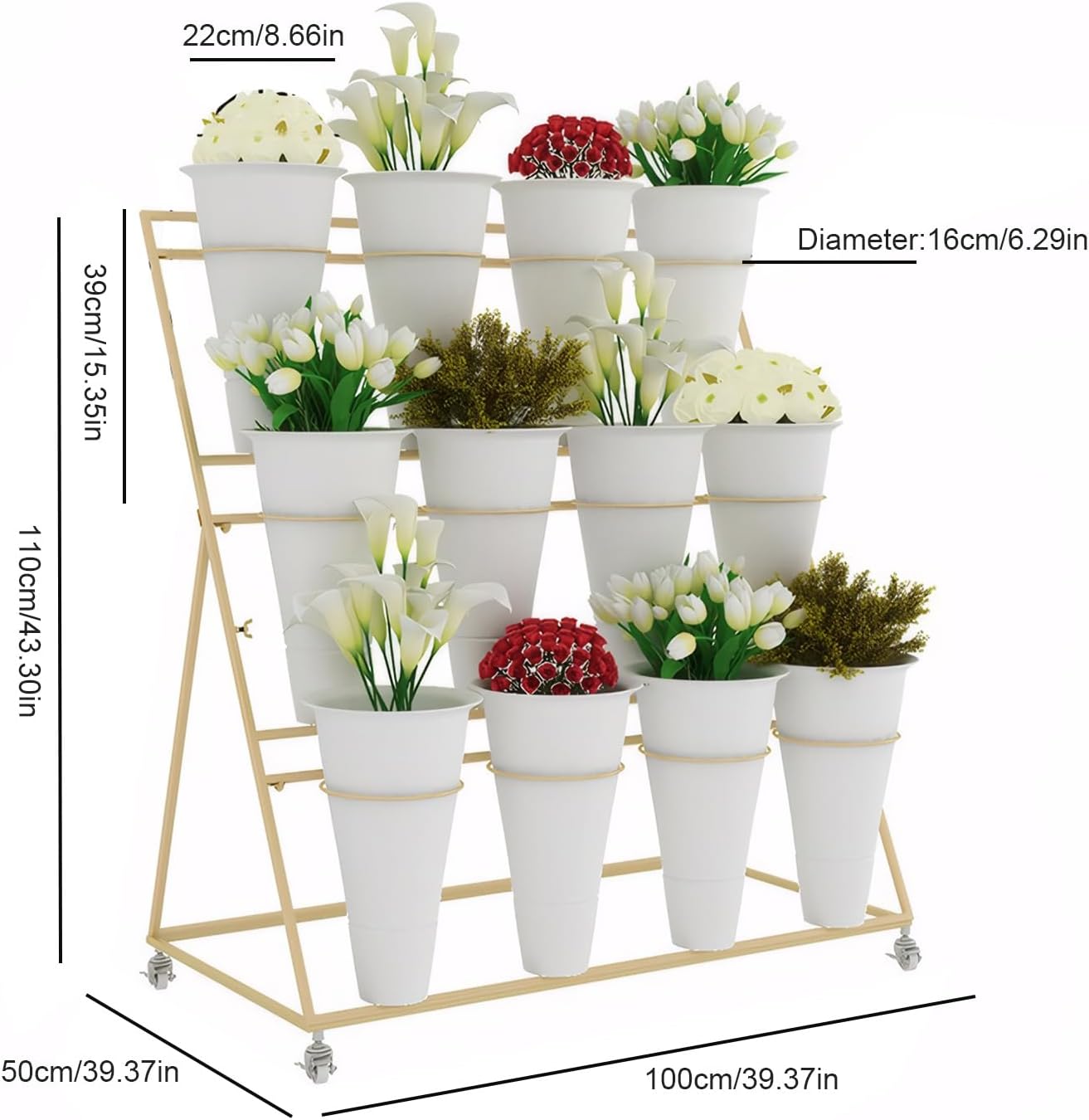 Rolling Plant Stand for Indoor/Outdoor - 3 Tier Metal Flower Display Shelf with Wheels and Foot Brake, Heavy Duty Florist Rack for Patio Garden Living Room, 160 lbs Capacity, Golden Frame