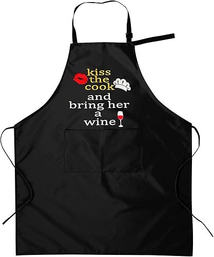 Divertido delantal para mujer con bolsillos - Kiss The Cook And Bring Her (tejido bordado, talla única), Negro - disponible en Yaxa Mexico