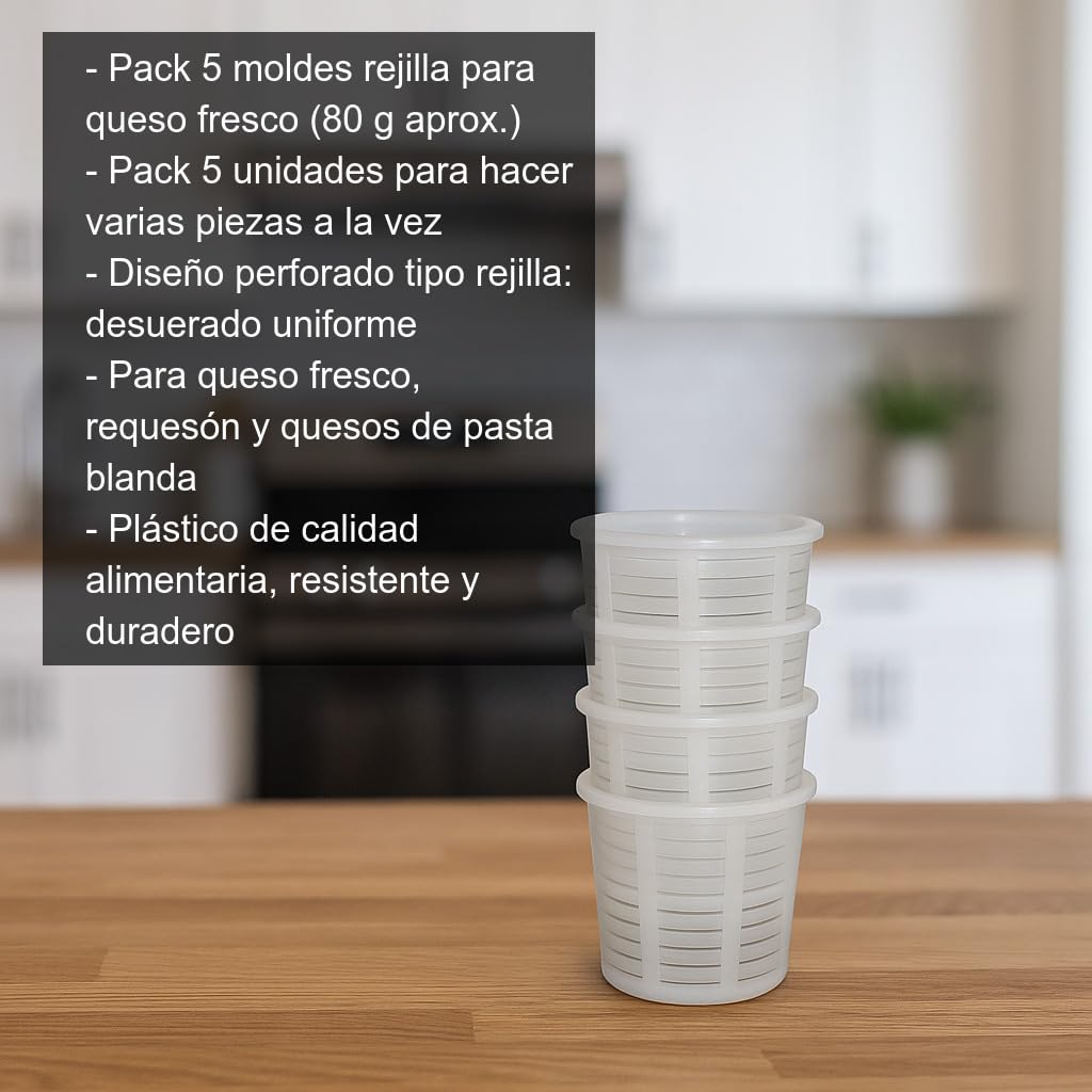 Pack 5 Moldes Rejilla para Queso Fresco 80 g Individuales Plástico Alimentario Perforado para Drenaje de Suero Requesón Cuajada Quesos Blandos Caseros