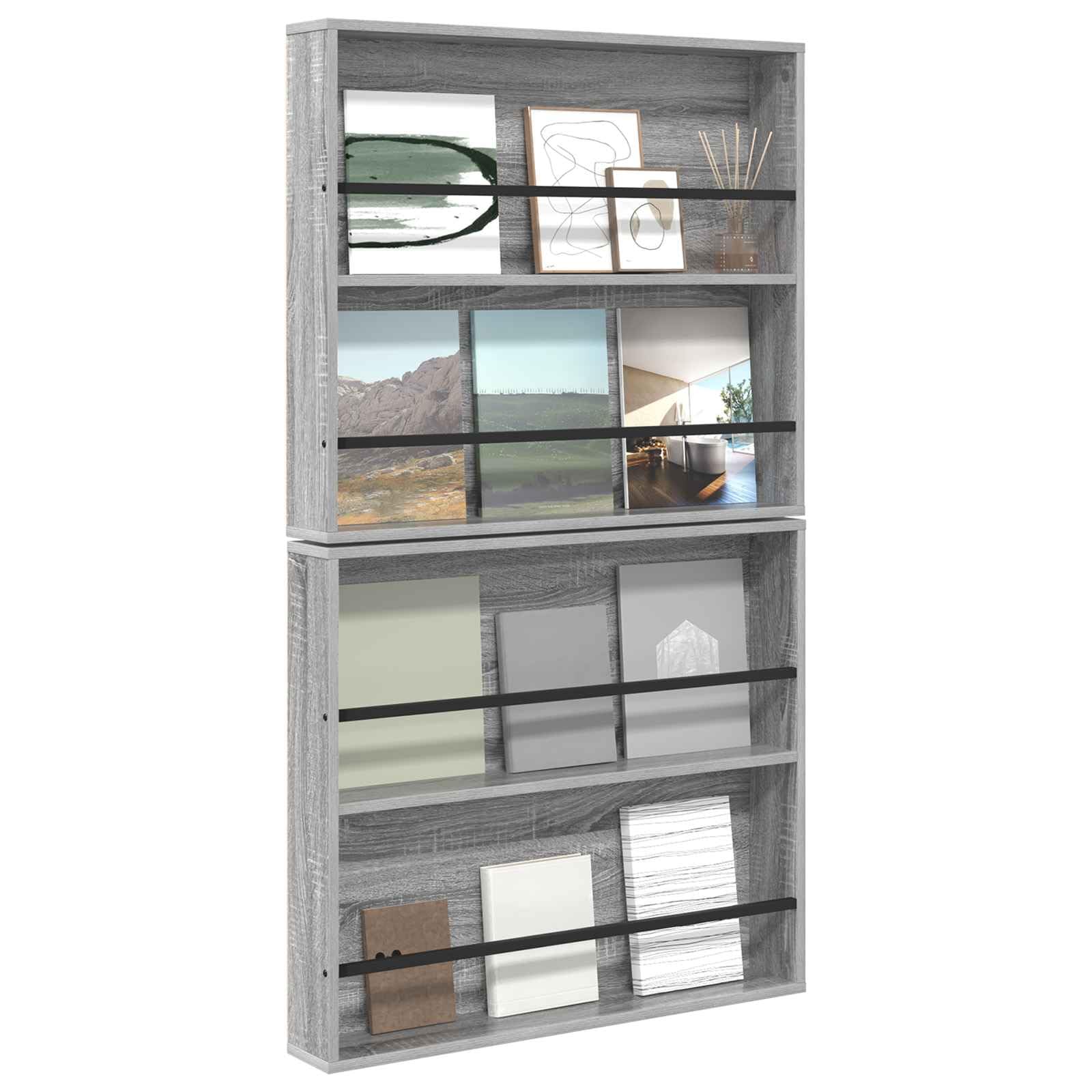 Wandmontiertes Magazinregal 2er Set in Graues Sonoma aus Holzwerkstoff 80 x 12 x 70 cm, Zeitschriftenständer, Magazinständer, Zeitungsständer, Prospektständer, Kataloghalter