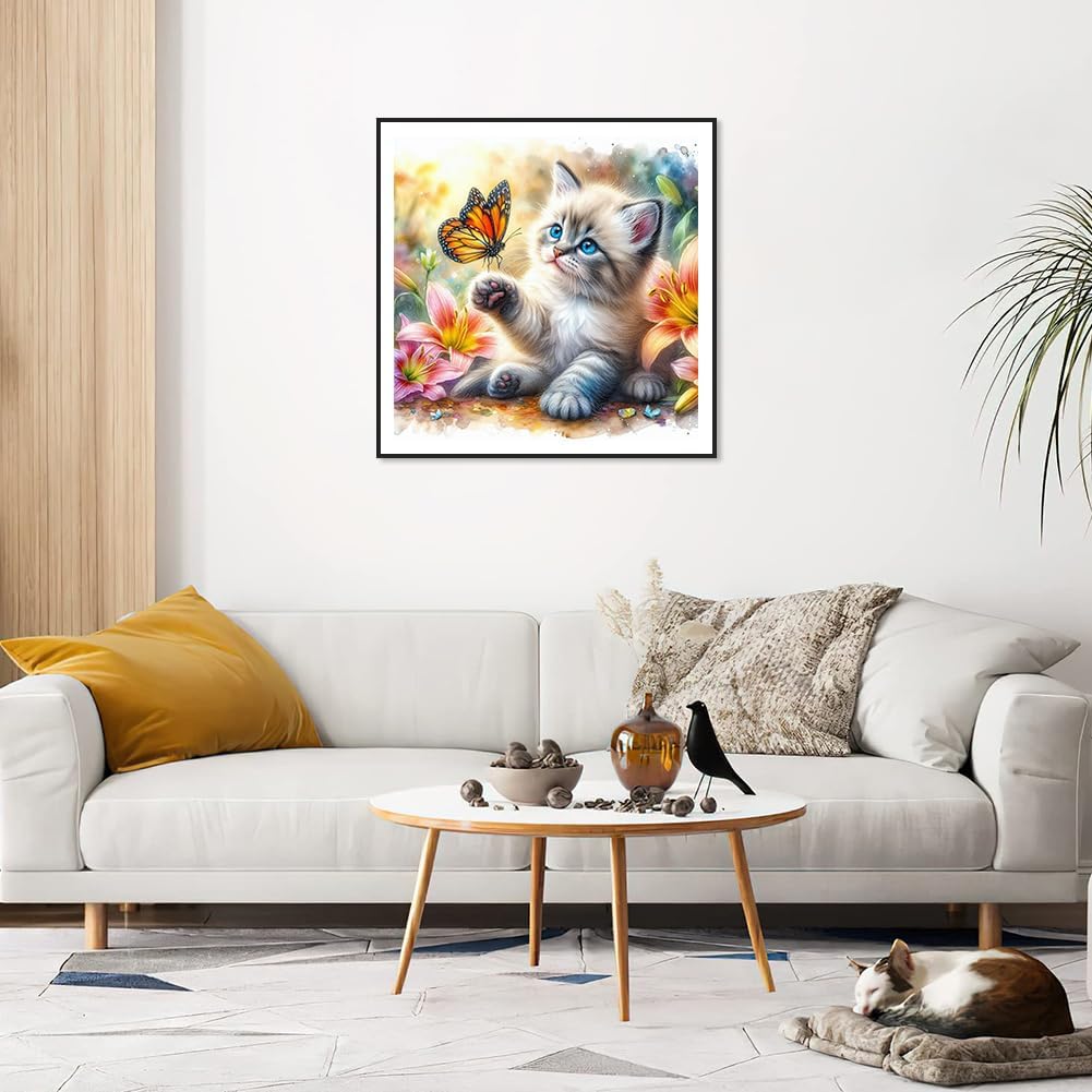 WSLWXSHM Diamond Painting Kits for Adults Cat, Butterfly Round Full Drill Diamond Art Kits, 5D DIY Paint with Diamonds Crafts for Home Wall Decoration Gifts 12×12Inch, Animal image 5