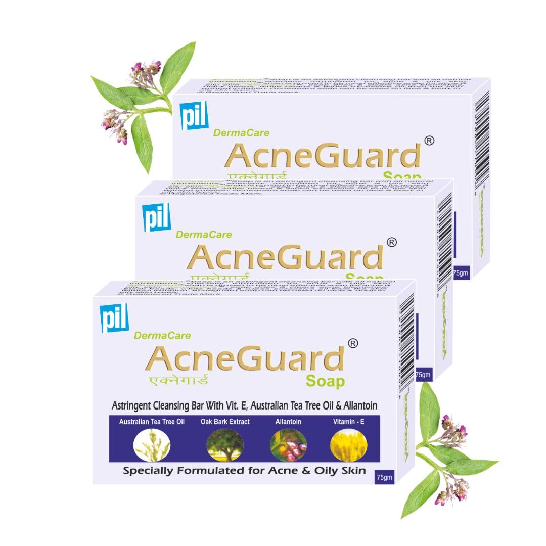 Pil Acneguard Soap | Clears Acne, Pimples, Clogged Pores | For Face And Body | Perfect Blend Of Natural Ingredients | Deeply Cleanses | Gentle | Refreshing (75gm Each, Pack of 3)