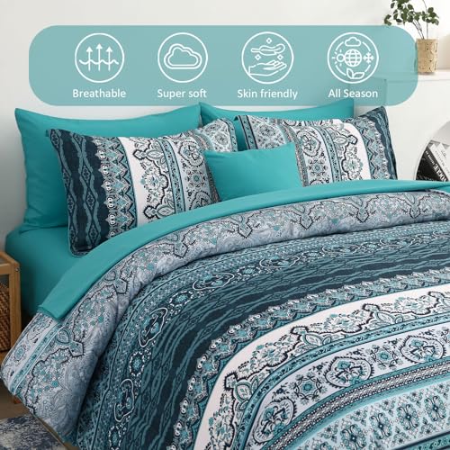 Image of Cottolester Boho King Size Comforter Set 8 Pieces, Teal Comforter Bohemian Striped Bed in A Bag, Soft Microfiber Bedding Set for All Seasons