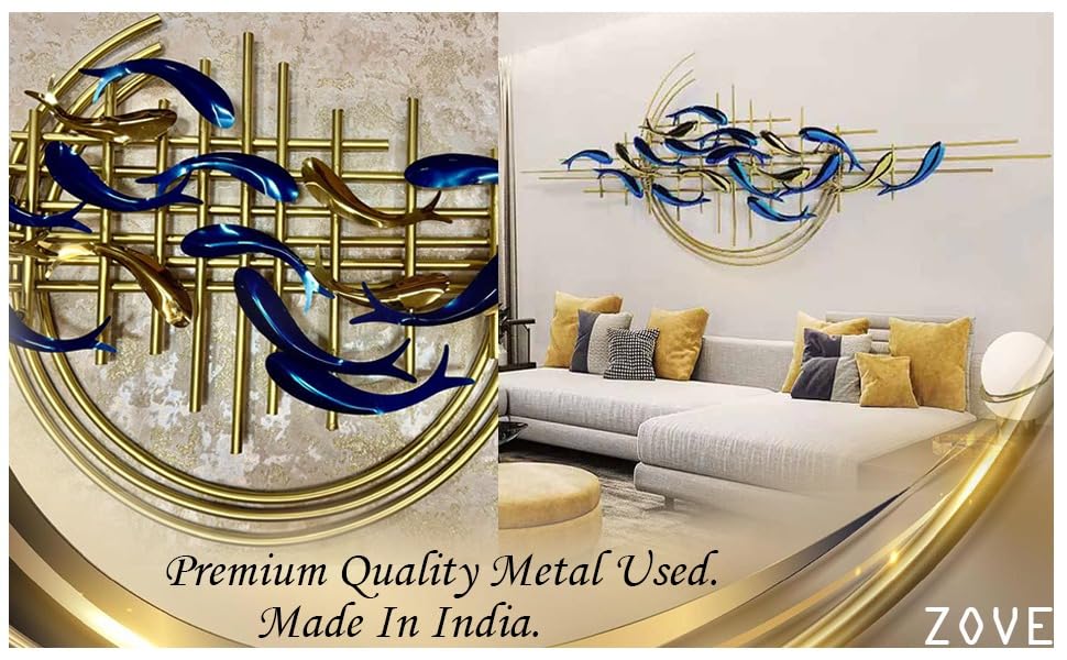 Image of ZOVE Stainless Steel And Iron Modern Luxury Steel 3D Modern Fish Creative Design Wall Art | Home Decoration /Living Room /Hotel /Restaurant /Office /Farm House | Color: Multicolor | Size: (46 X 22 INCH)