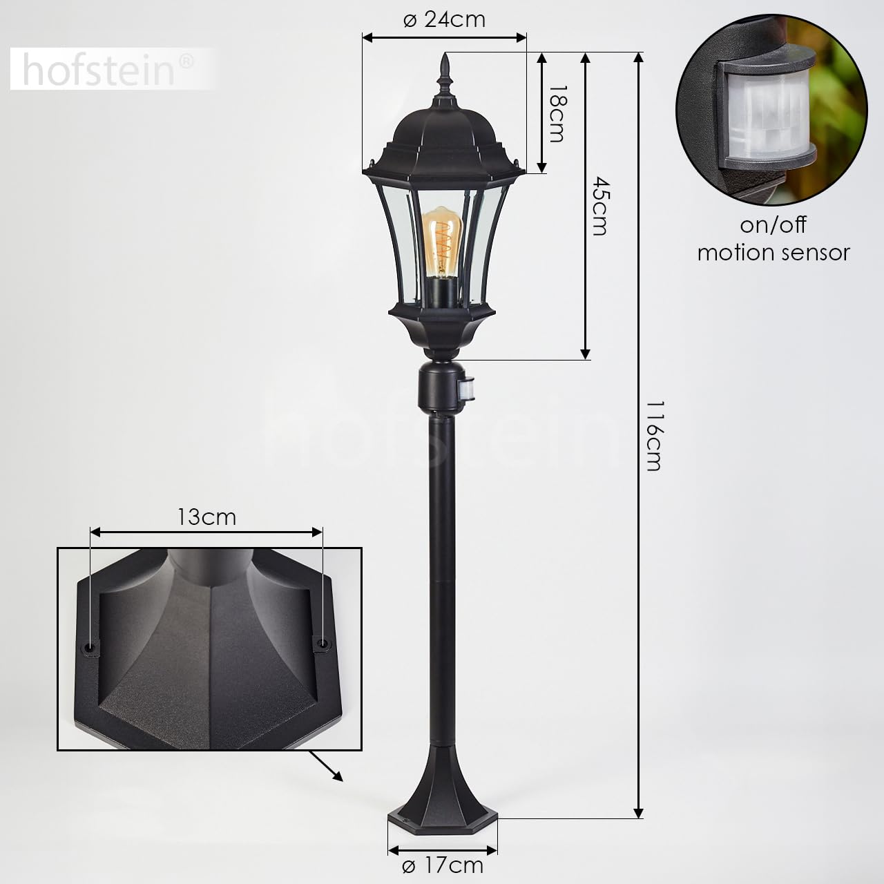 HOFSTEIN Etoe lampa drogowa zewnętrzna z czujnikiem ruchu z metalu/szkła w kolorze czarnym/przezroczystym, lampa zewnętrzna o wyglądzie antycznym, wysokość 116 cm, oświetlenie ogrodowe IP44, 1 x E27,