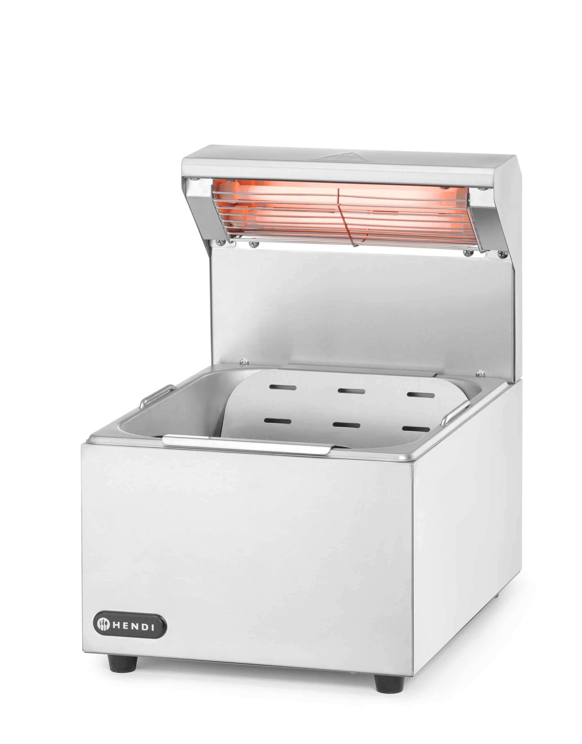 HENDI Pommes-frites-Wärmer, mit abnehmbarer GN-Behälter und Tropfschale, zum Warmhalten von Pommes frites, Infrarotlampe, Wärmebrücke, Speisenwärmer, GN1/2, 230V/400W, 357x267x(H)376mm, Edelstahl