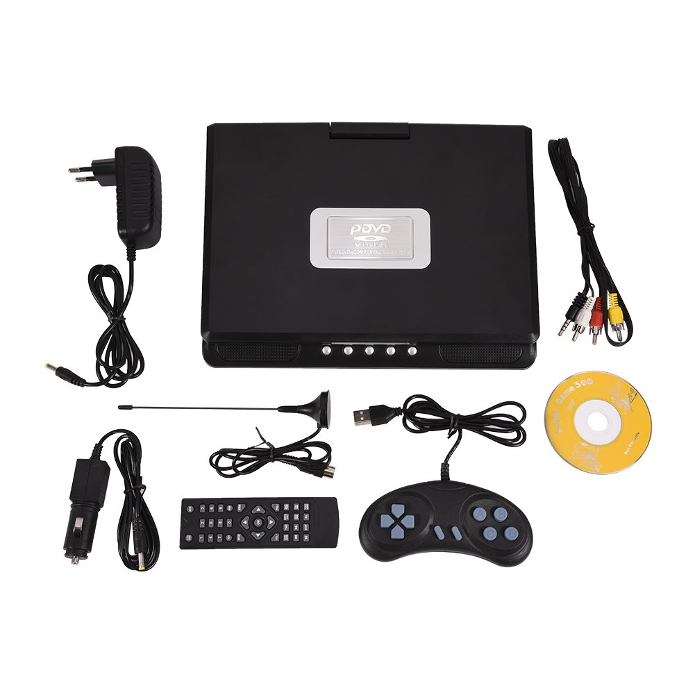 Garsent Lecteur DVD Portable, 9 Pouces LCD Lecteur Vidéo avec 270° Écran Rotatif, Radio FM, Batterie Rechargeable Support Carte SD, Format USB AV CD VCD.(EU)