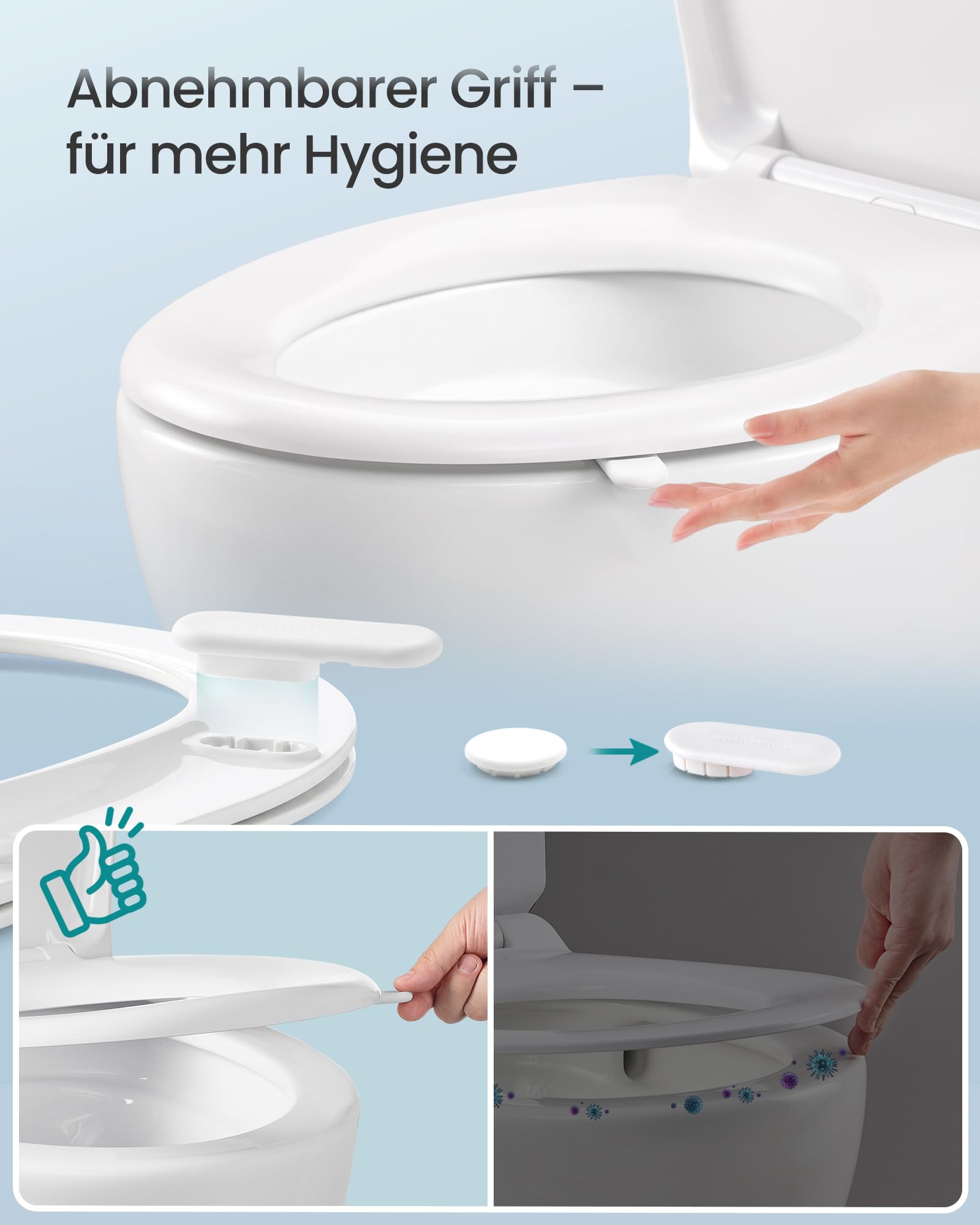 SONGMICS Toilettendeckel O-Form, WC-Sitz mit Absenkautomatik, Griff, Toilettensitz schnell abnehmbar, Klodeckel einfache Montage, WC-Deckel Urea-Duroplast, bis 300 kg belastbar, weiß BTL101WZ01
