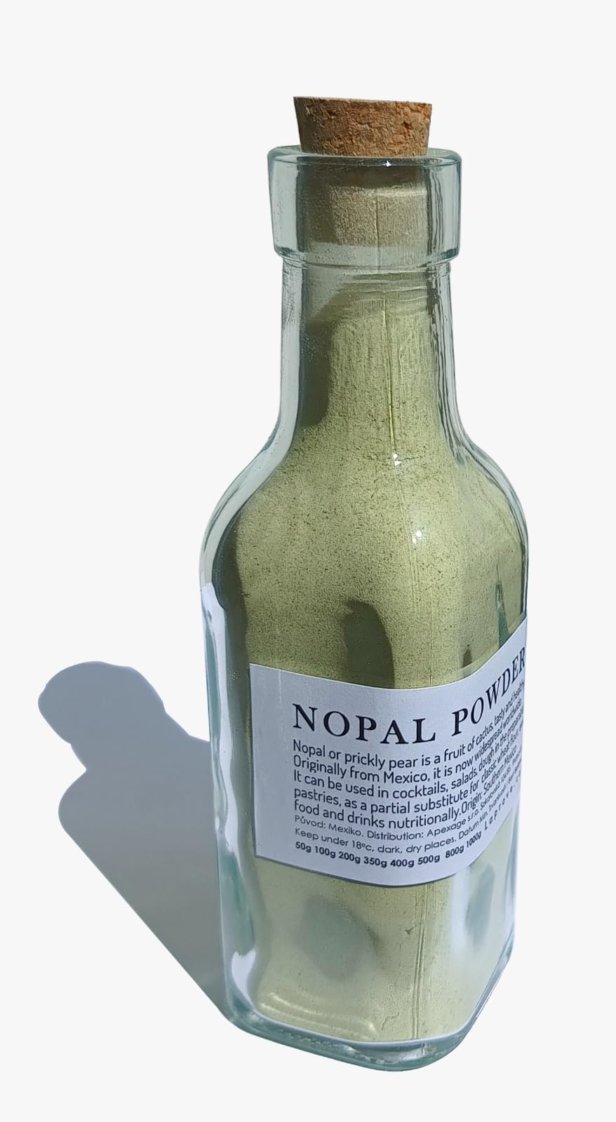 Nopal in Pulver (Opuntia ficus-indica) in einer eleganten Flasche mit Korkverschluss 200g