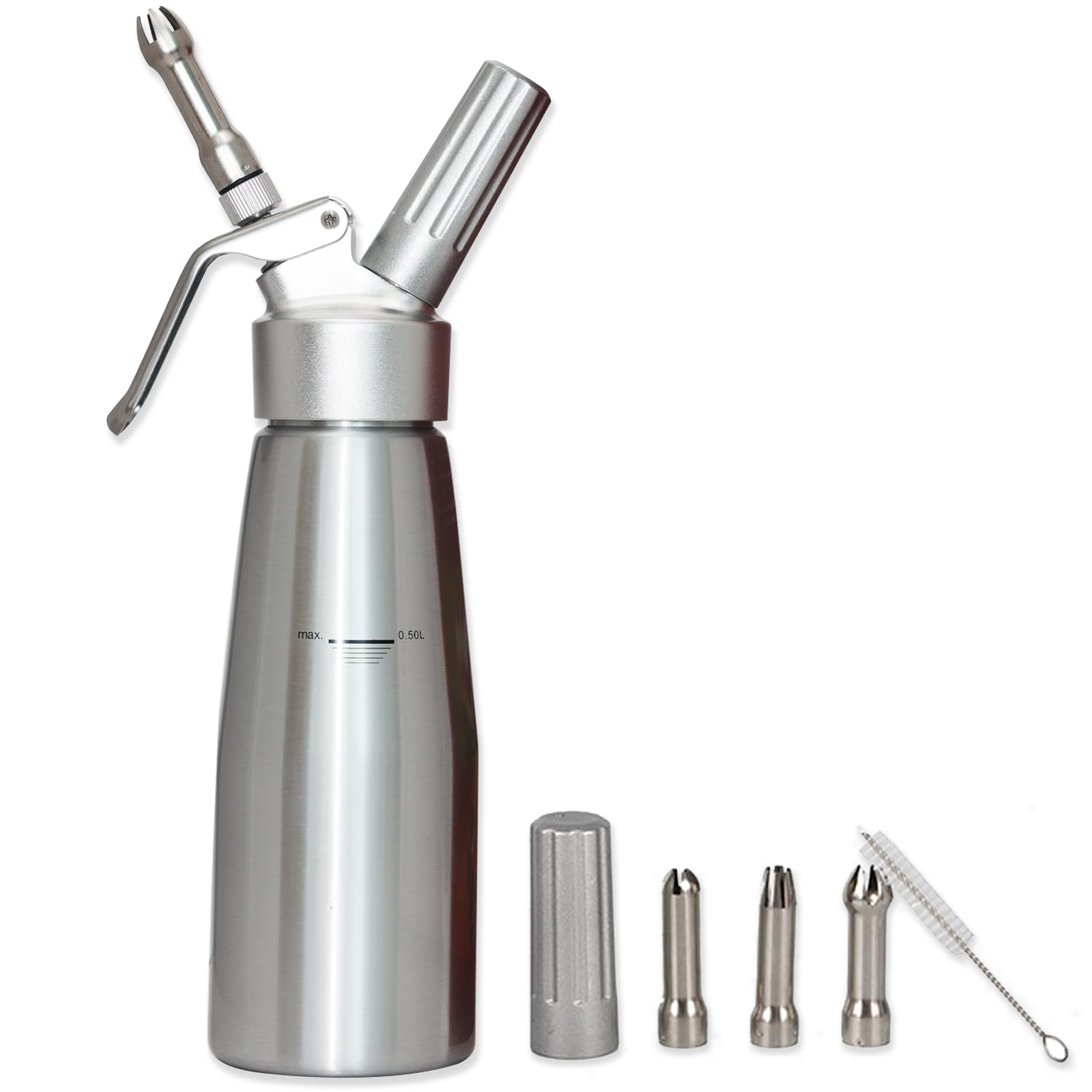 Professional Whipped Cream Dispenser, Durable Aluminum Cream Whipper, Large 500 Ml,Includes 3 Various Stainless Culinary Decorating Nozzles and 1 Brush