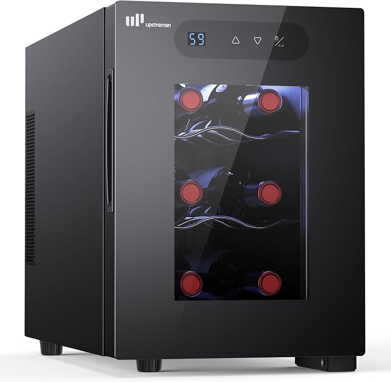 6 Bottle Small Wine Fridge, Thermoelectric Wine Cooler | 41-66°F Temp Control, Quiet & Energy Efficient, Glass Door with Digital Display & LED Light for Home/Bar/Office