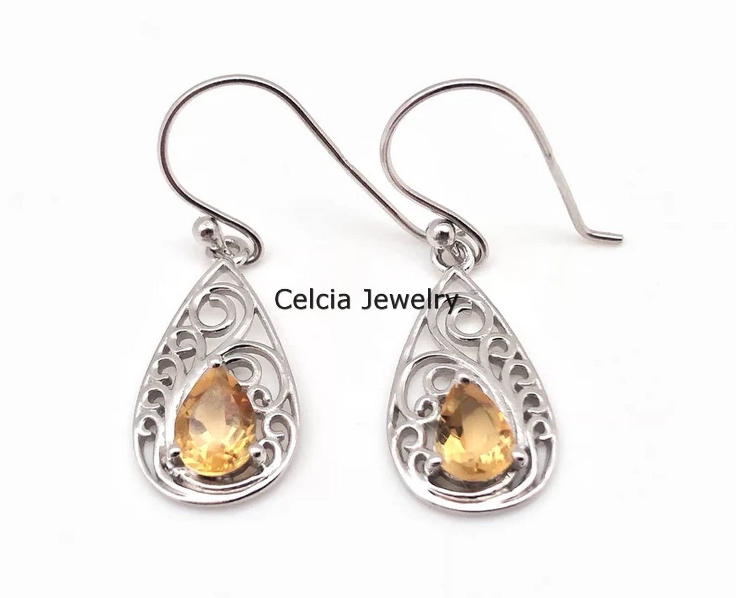 Pendientes colgantes de lágrima colgantes de plata de ley 925 maciza para mujer, pendientes únicos de piedra natal de noviembre con piedra preciosa de pera facetada de citrino natural