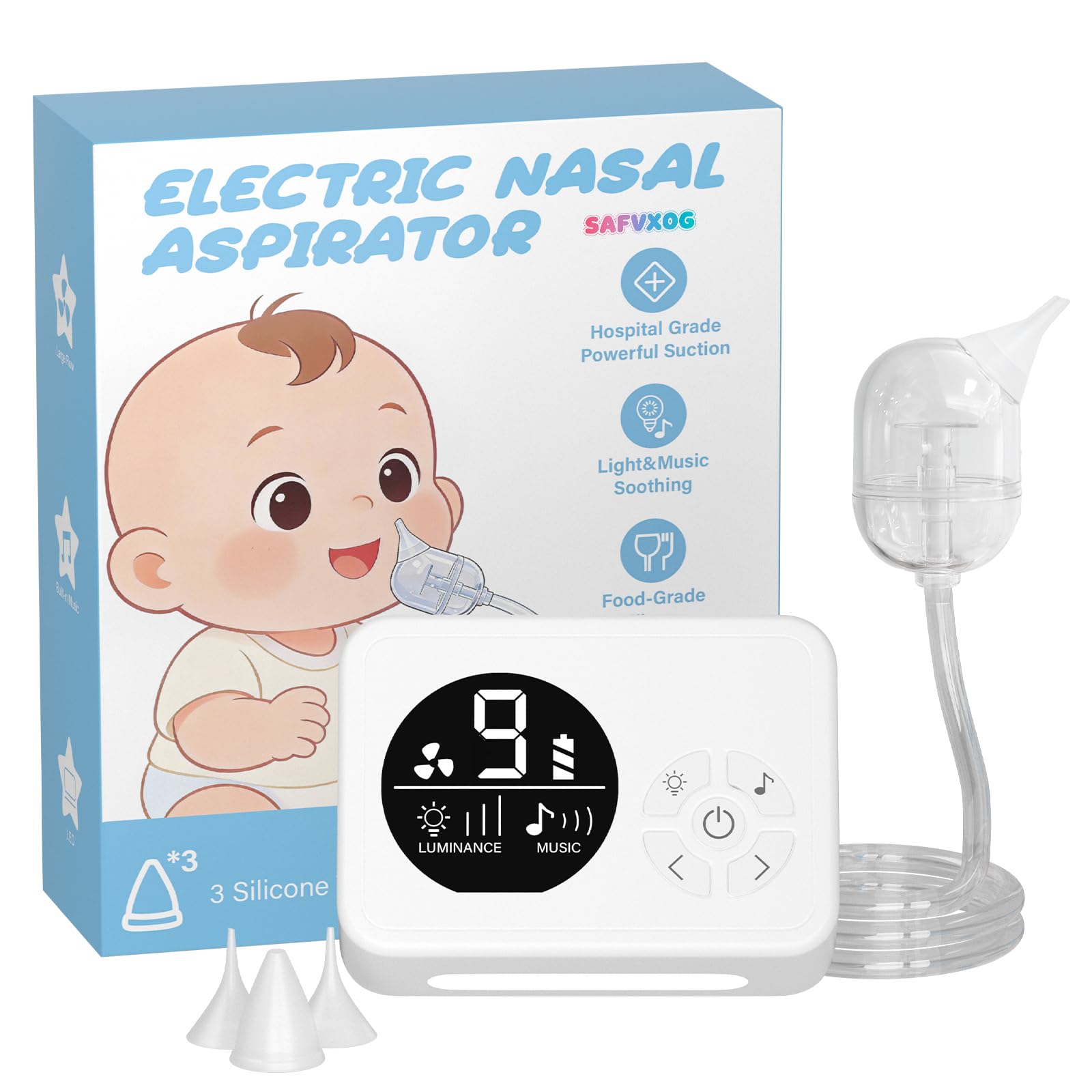 Aspirator do nosa dla niemowląt, przyssawka do nosa z 9 poziomami ssania, elektryczna przyssawka, 3-poziomowa lampka nocna i funkcja kojącego rymowanki, silikonowe końcówki klasy spożywczej
